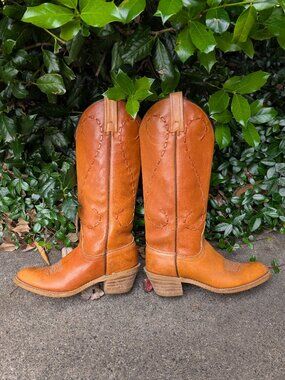 Vintage Acme USA Made Cowboy Cowgirl Western Boots Tan Brown Embroidery Sz:5C